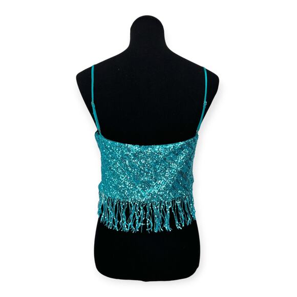 SAYLOR x Revolve | Large | Persephone Sequin Fringe Crop Halter Top in Teal - Picture 9 of 11